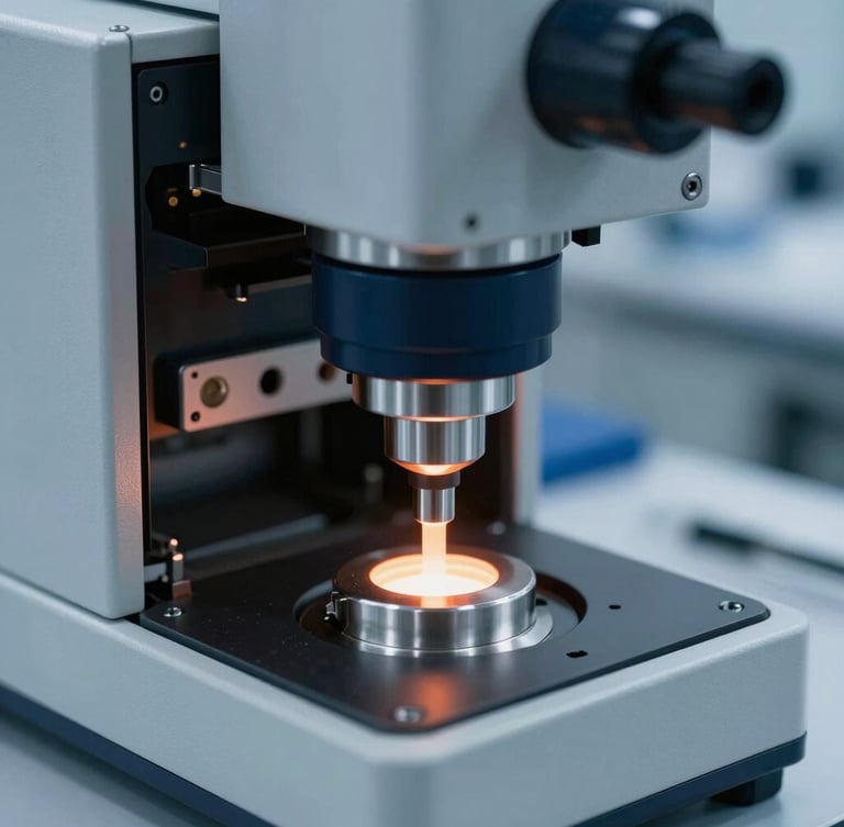 Close-up of a high-tech 8-channel spectrometer testing a metallic sample in a cool-toned laboratory, blue-steel highlights, sharp details, 50mm