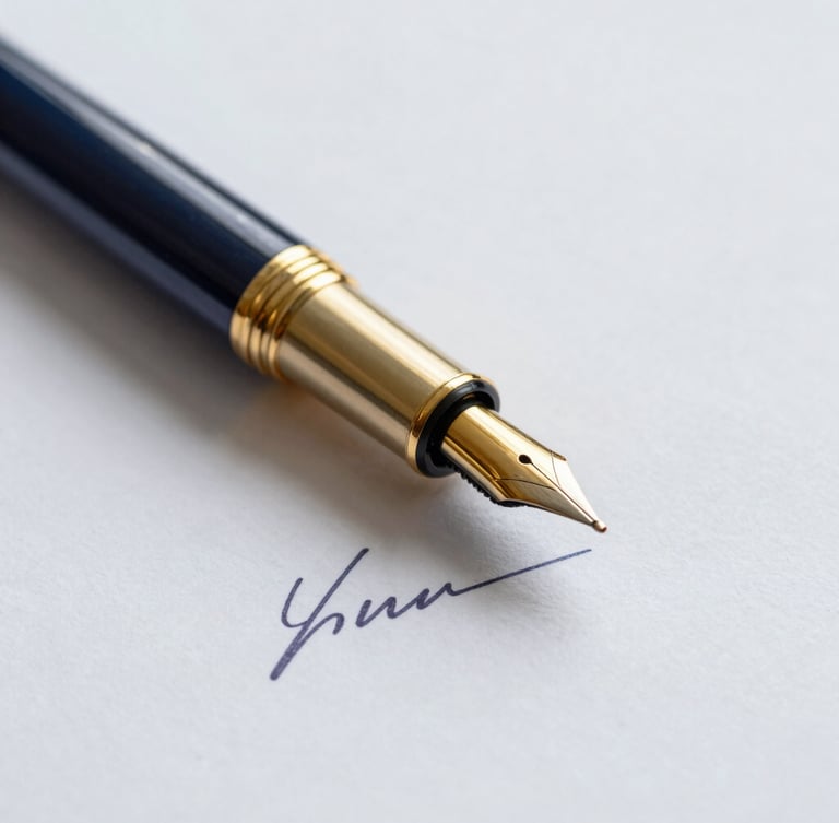 Macro shot of a heavy gold fountain pen resting on a signed financial document, soft side daylight, professional corporate atmosphere