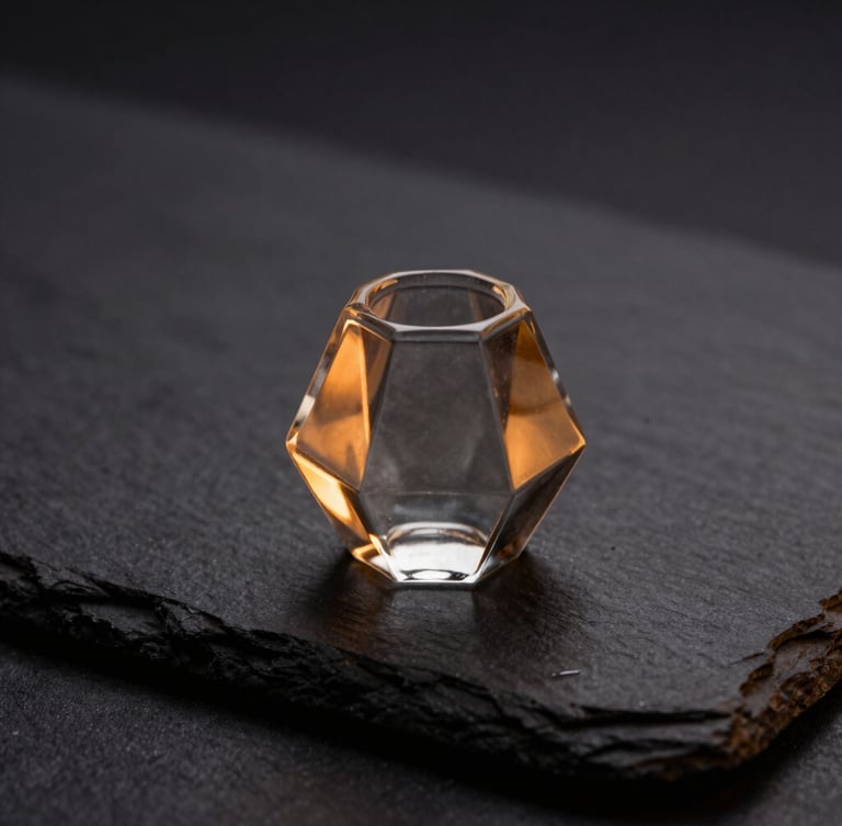 Macro shot of a clean, geometric glass pipe on a dark slate surface, warm amber lighting from the side, sharp focus, 50mm lens