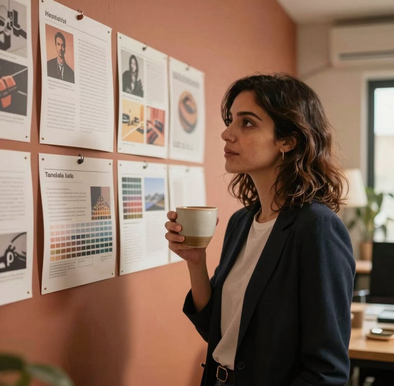 Candid portrait of a female creative director in a warm, sunlit office in Cairo, holding a ceramic cup, looking thoughtfully at a mood board on a terracotta wall.