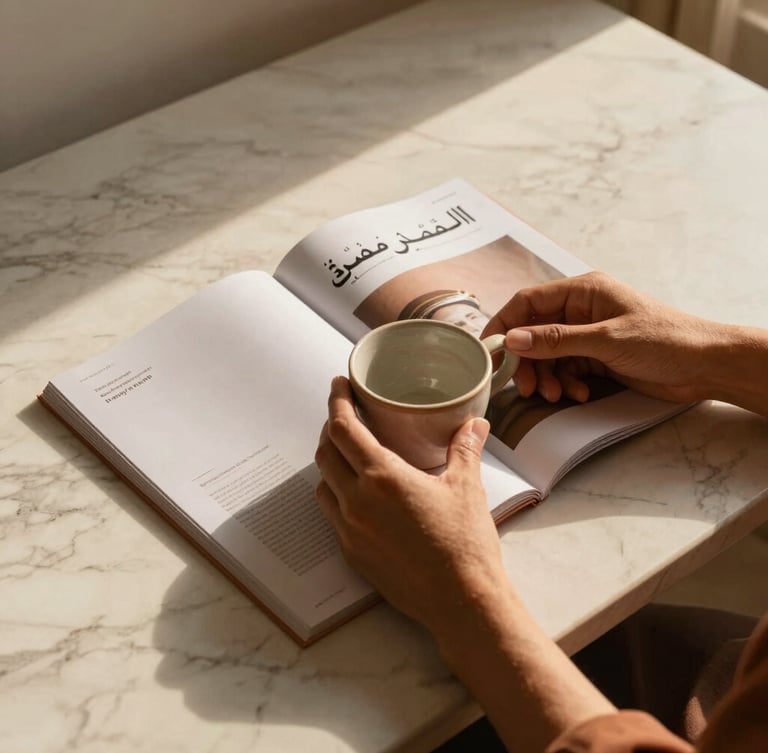 Warm soft golden hour light illuminating a marble desk, a minimalist Arabic editorial magazine open, hands holding a ceramic cup, off-center composition, rich terracotta tones.