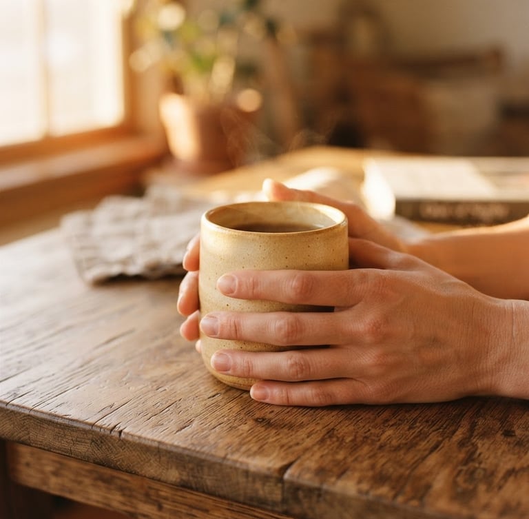 A close-up of hands holding a warm ceramic mug on a natural wood table, bathed in soft golden-hour window light, shallow depth of field