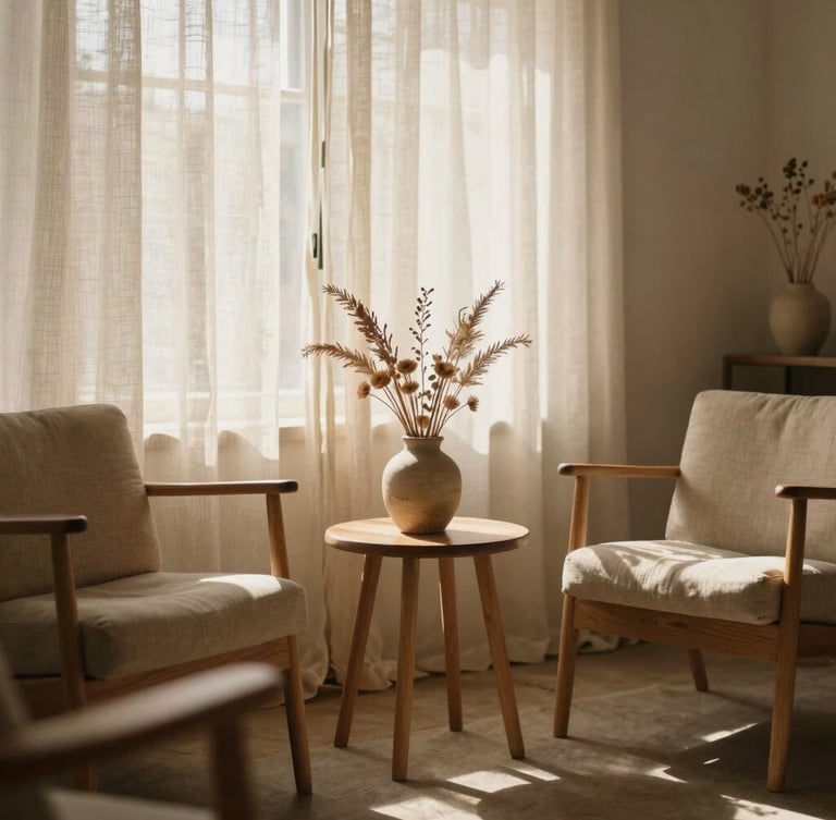 A sun-drenched counseling room with natural wood chairs, soft linen curtains, and dried desert botanicals in a ceramic vase, warm indirect sunlight