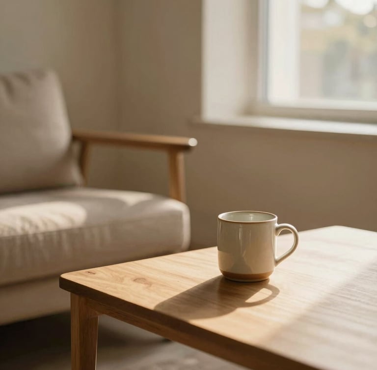 A quiet, sun-drenched counseling room with natural wood, soft linen textiles, a single ceramic mug on a table, soft golden-hour window light, shallow depth of field