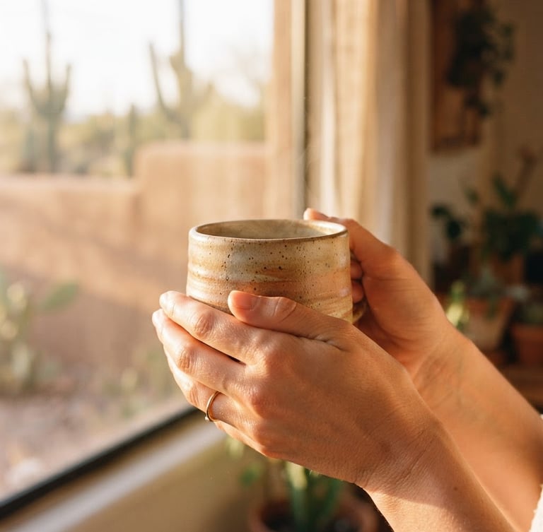 A close-up of hands holding a warm ceramic mug in soft golden-hour window light, muted desert earth tones, shallow depth of field, 35mm