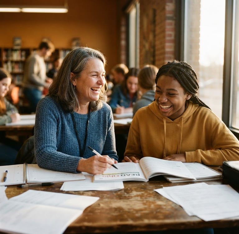 Candid documentary shot of an Ohio volunteer mentor laughing with a high school student over a shared workbook, natural golden-hour daylight, warm organic tones, 35mm film aesthetic.
