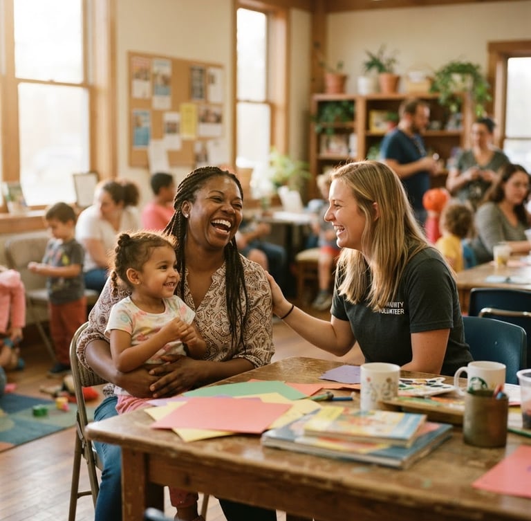 Candid documentary shot of a volunteer and local mother laughing together in a warm, sunlit community center in Ohio, natural golden-hour lighting, rich organic tones, 35mm film aesthetic.