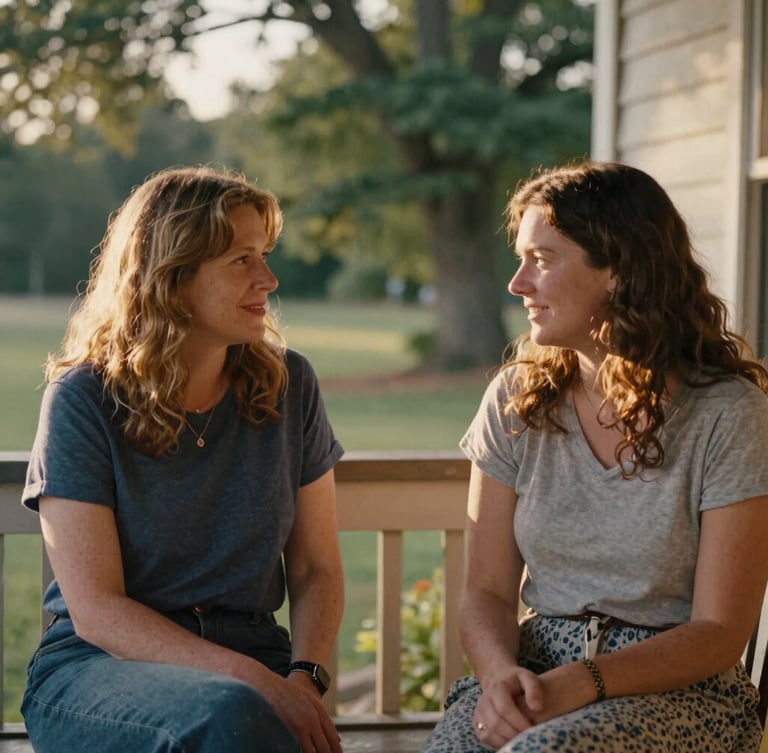 Documentary-style portrait of two women sitting together on an Ohio porch, sharing a warm, candid conversation, natural golden-hour light, rich organic tones, 35mm film aesthetic.