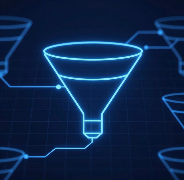 Sleek technical wireframe schematic of a multi-channel conversion funnel, glowing electric blue lines on a deep navy grid, high-contrast digital blueprint style.