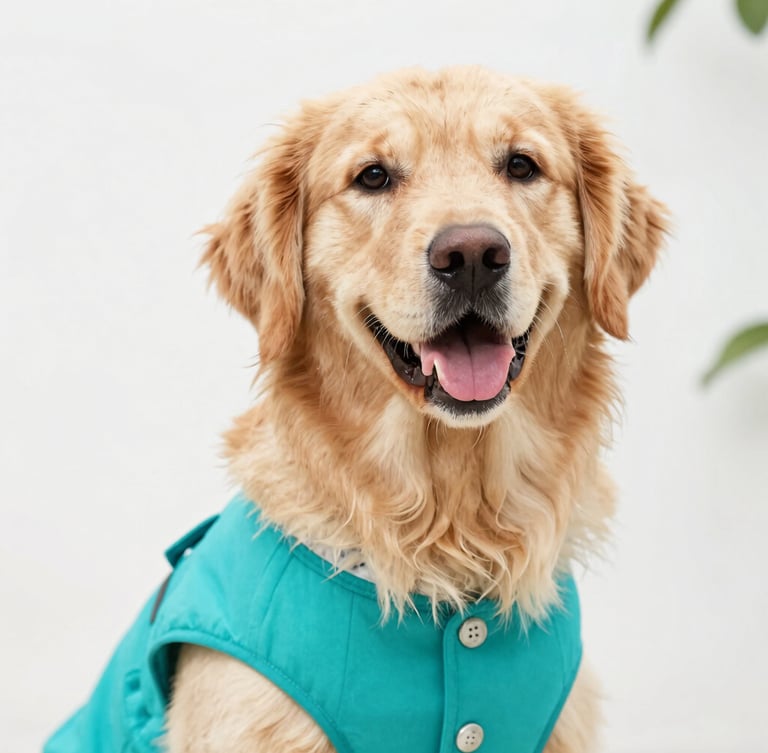 Eye-level portrait of a happy golden retriever wearing a vibrant teal handmade custom vest, soft natural daylight, bright editorial style