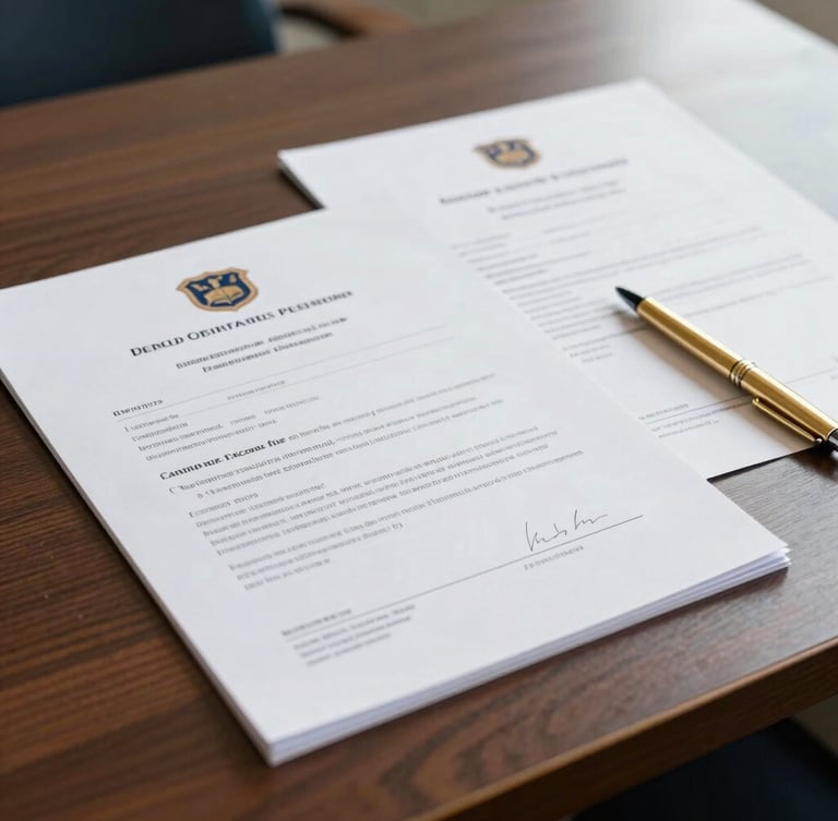 A close-up of official academic transcripts and verified documents on a dark wooden desk, soft natural morning light, gold pen resting nearby, premium editorial style