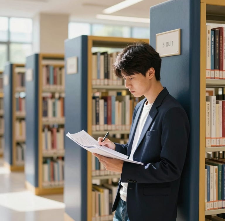 A focused adult student in a modern university library, reviewing academic documents, bright natural daylight, deep navy and gold accents, 35mm lens.
