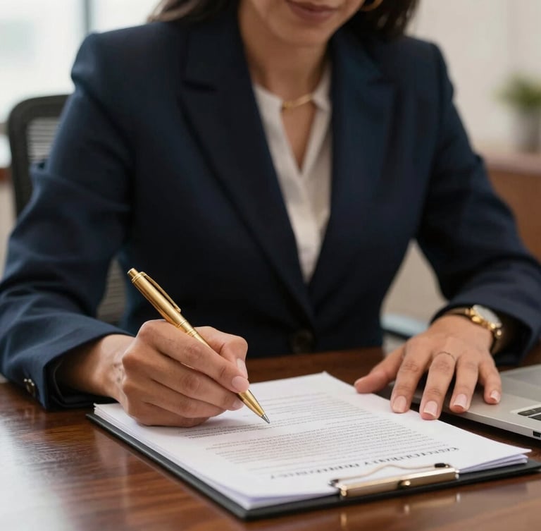 Close-up of Dra. Fernanda Julie reviewing legal documents at a solid dark wood desk, elegant gold pen in hand, warm ambient lighting, sophisticated office setting