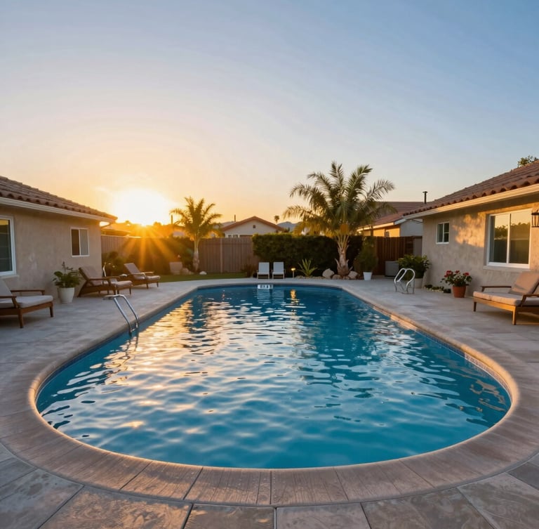 Wide-angle vibrant editorial photograph of a sparkling clean suburban backyard pool in Santa Clarita during a warm golden-hour sunset, glowing water reflecting gold and baby blue sky.