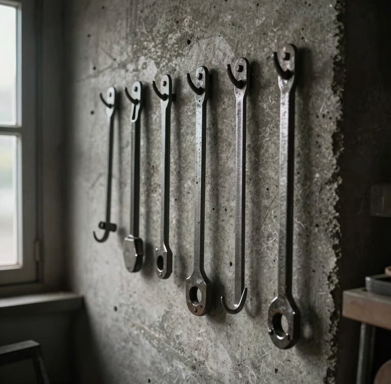 Straight-on close-up of heavy-gauge steel tools hanging on simple metal hooks against a raw concrete workshop wall, harsh side window light, deep shadows.