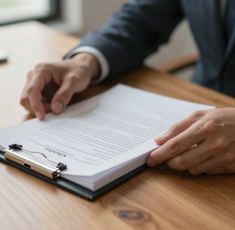 A close-up of hands reviewing medical-legal documents on a warm wood desk, soft natural light, shallow depth of field, professional and calm