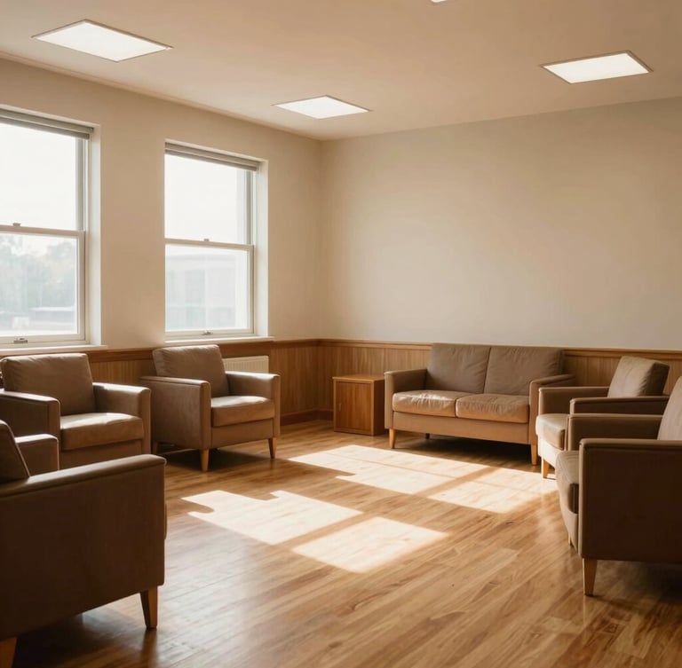 Wide panoramic shot of a sunlit consultation room with warm oak furniture, soft diffused daylight streaming through high windows, generous negative space.