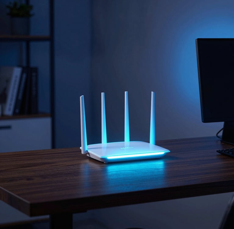 A modern home office interior at dusk, a glowing router on a dark wooden desk casting a soft electric blue light, 35mm lens.
