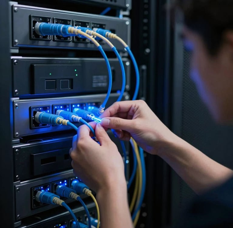Close-up portrait of a technical network specialist adjusting glowing blue fiber optic connections in a dark server rack, sharp focus, 35mm lens