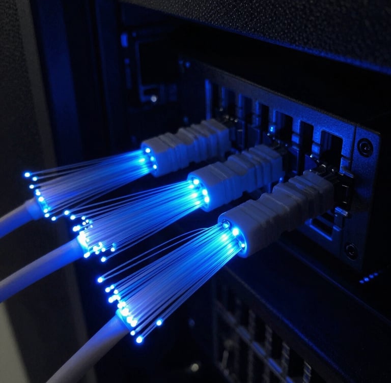 Macro close-up of glowing electric blue fiber optic cables in a dark server room, sharp focus, 35mm lens