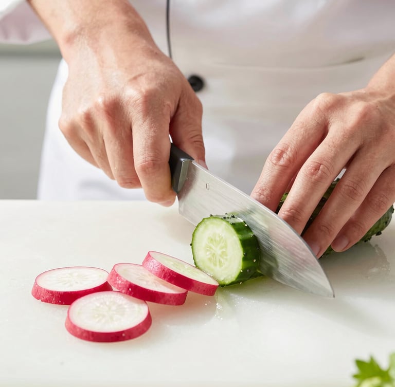 Crisp, sunlit kitchen action shot of a chef's hands slicing fresh cucumbers and radishes on a clean prep line, bright natural daylight.