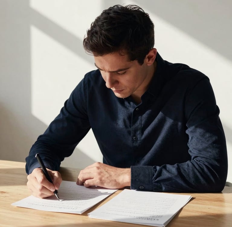 High-contrast editorial portrait of a professional in deep concentration, directional natural light, shadow across a clean wooden desk with handwritten notes, 35mm