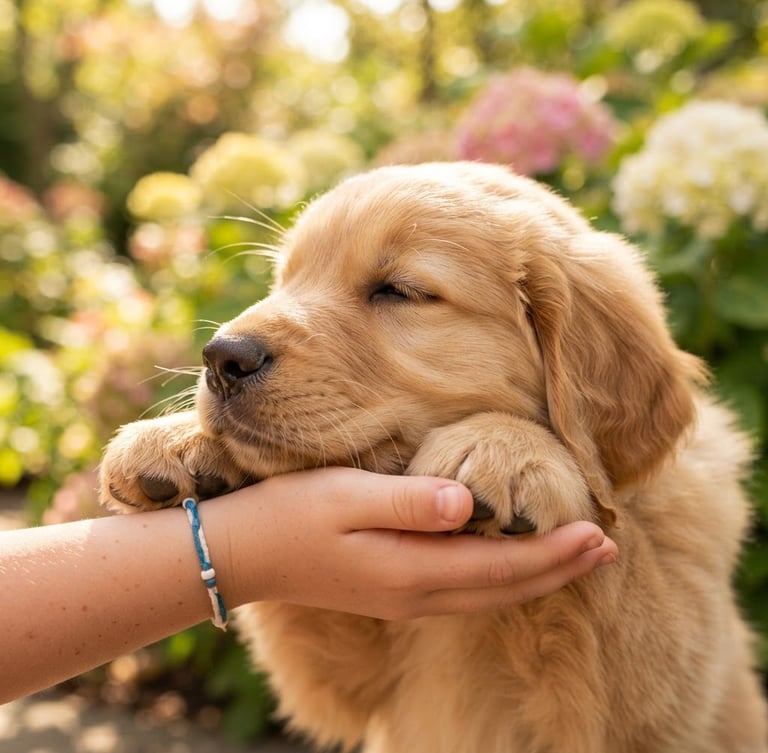 Close-up of a golden puppy resting its head gently on a child's hand, soft natural outdoor daylight, warm green garden background, shallow depth of field