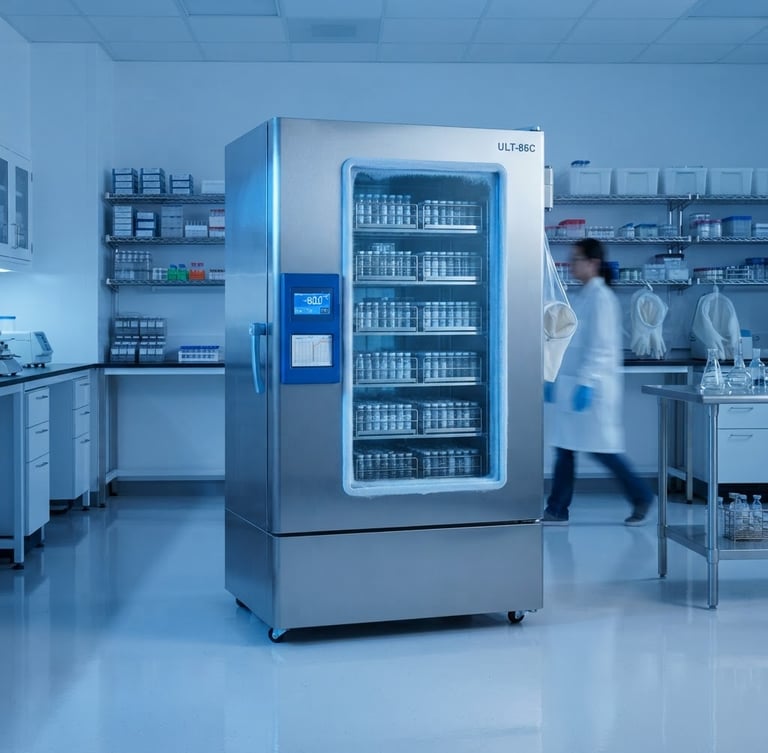 Sterile clinical photography of a high-tech pharmaceutical cold storage unit, cool blue ambient light, sharp focus, 35mm lens.