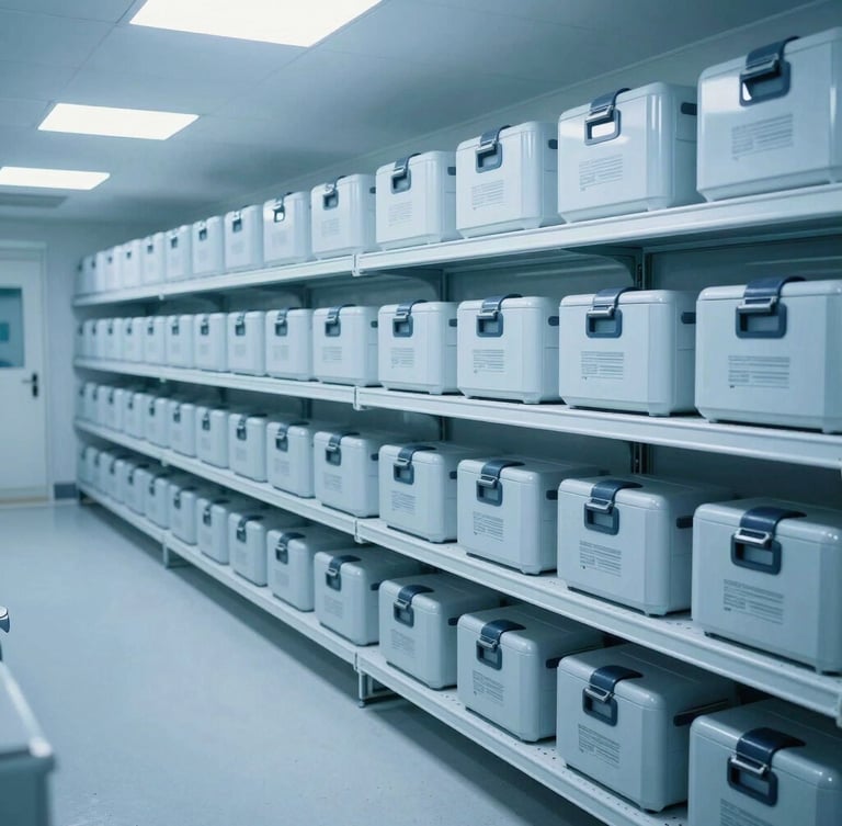 State-of-the-art pharmaceutical cold storage warehouse with clean, cool-toned clinical light and organized shelves of climate-controlled cases