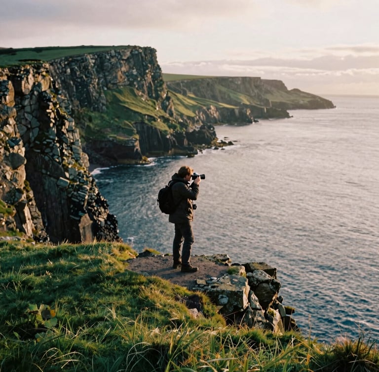Wide cinematic dramatic landscape of the Irish coast at golden hour, a lone photographer standing on a cliff edge with a vintage camera, soft natural daylight, 35mm film grain.