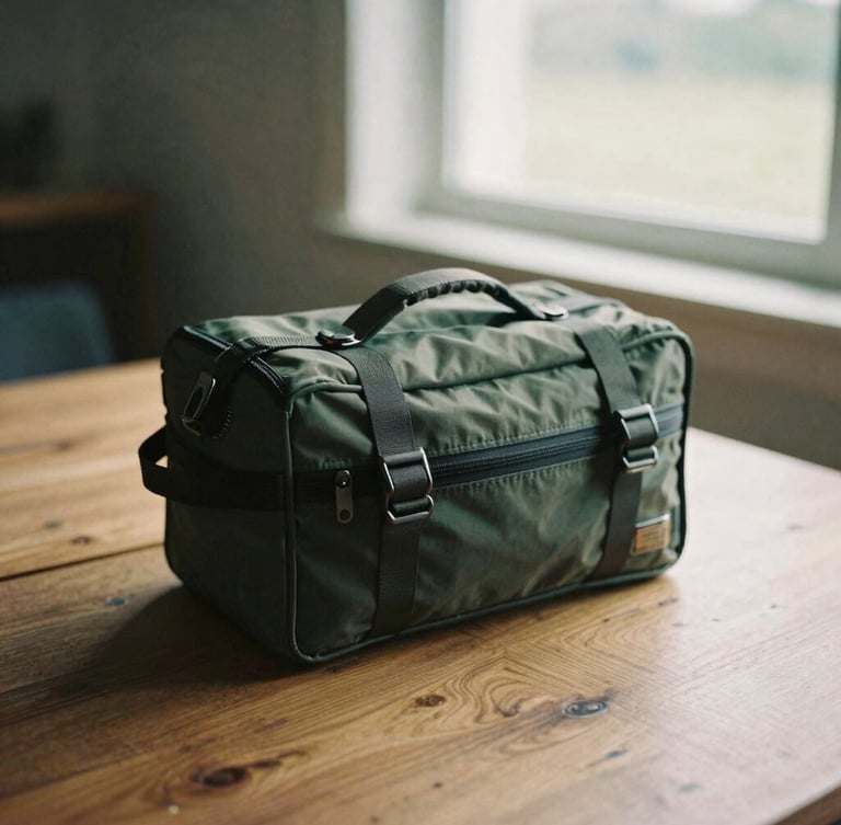 Tight, crisp detail of modern premium travel gear on a wooden table, soft overcast light filtering through a window, muted earth tones with deep green accents, 35mm film grain.