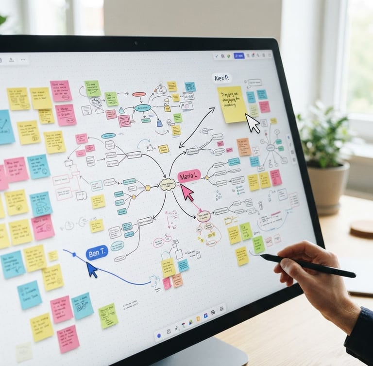 High-fidelity screenshot of a clean collaborative digital canvas with active cursor movements, colorful sticky notes, and structured mind-map templates under soft natural daylight.