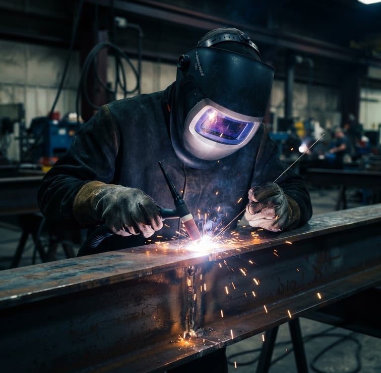 Close-up of a certified welder in dark protective gear, bright orange sparks flying from a precise TIG weld on a heavy steel beam, sharp focus, industrial documentary style.