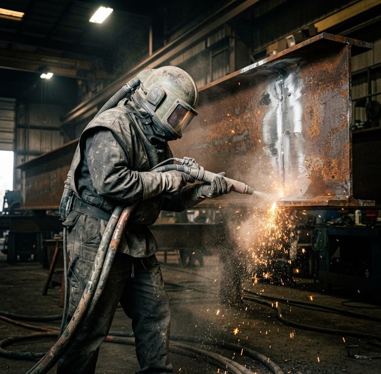 Close-up of a certified technician in full protective gear performing sandblasting on a massive steel girder, high-contrast industrial lighting, dramatic sparks and dust particles, sharp focus, 35mm lens.