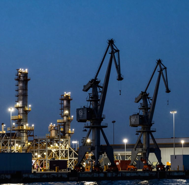 Wide environmental shot of an industrial port facility in Veracruz at dusk, heavy cranes and metal structures silhouetted against a deep blue sky, industrial utility lighting.