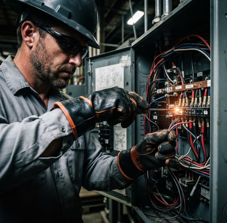 Close-up of a certified industrial electrician working on an electrical panel, safety gloves, high-contrast industrial lighting, dramatic cool steel tones with safety orange highlights.