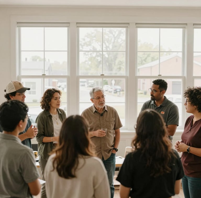 Candid shot of community leaders collaborating on a neighborhood revitalization project, natural window light, soft desaturated earth tones, medium-wide environmental framing, 35mm.