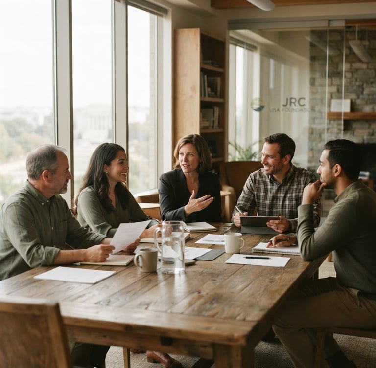 Warm portrait of the JRC USA Foundation leadership team in a collaborative meeting, natural window light, soft desaturated earth tones, 35mm environmental framing.