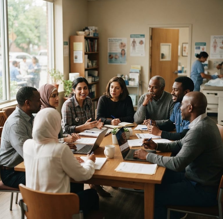 Medium-wide environmental shot of a diverse group of community leaders and healthcare professionals collaborating at a local health clinic, natural window light, soft desaturated earth tones, 35mm