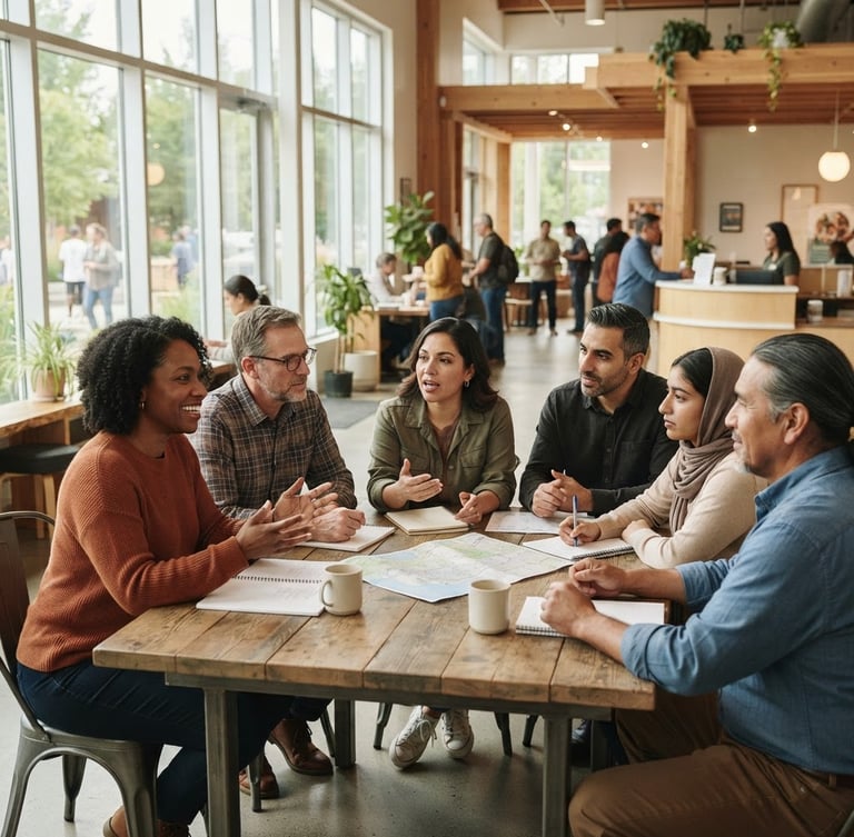 Diverse community leaders collaborating in a bright, modern community center, natural window light, medium-wide environmental shot, soft desaturated earth tones.