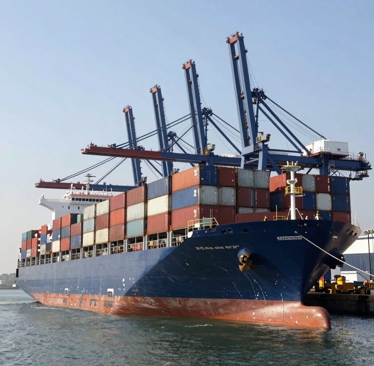 A massive container ship docked at a modern port terminal, bright daylight casting sharp shadows, towering blue cranes in the background, wide-angle environmental framing.