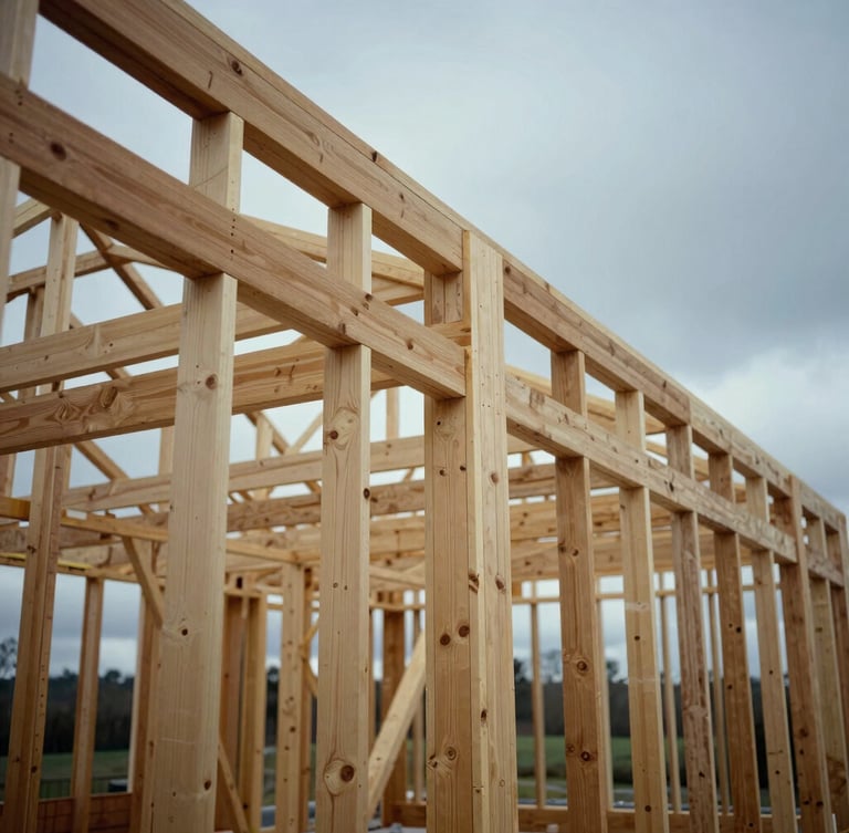 Wide panoramic shot of a Lancaster timber frame structure under construction, raw oak beams against a cold Pennsylvania sky, sharp miter joints visible.