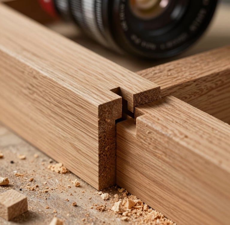 Close-up of a tight-tolerance mortise and tenon joint in raw oak, clean sawdust on the wood.