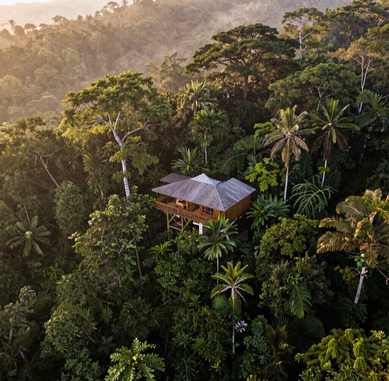 Aerial drone shot of Corcovado Canopy Lodge nestled within dense jungle canopy, misty golden hour light, 35mm