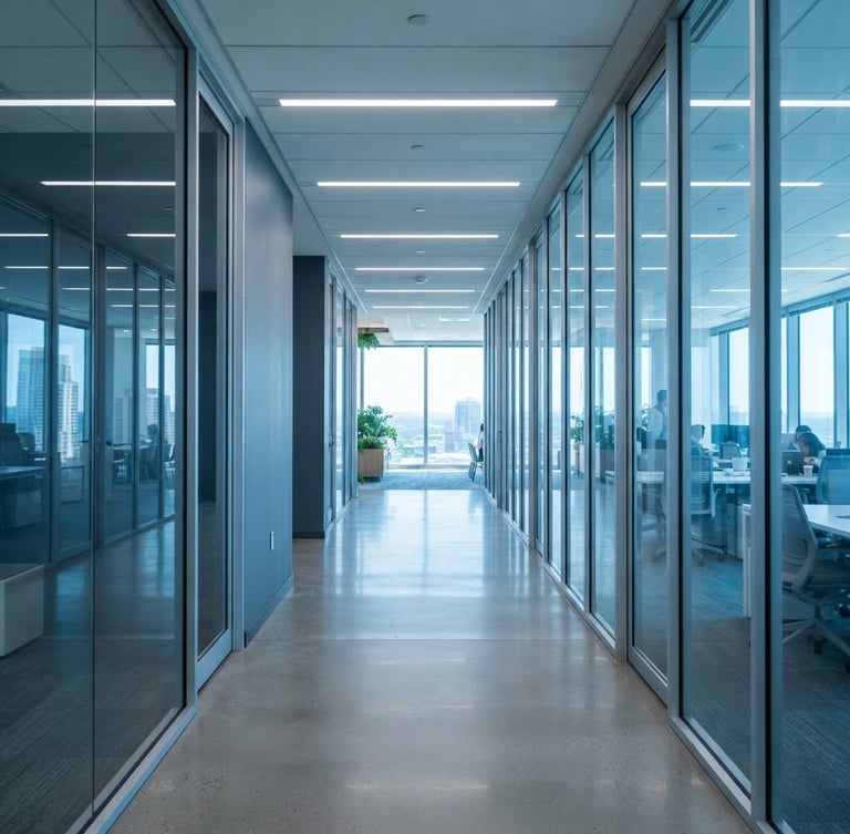 Clean corporate office corridor with architectural lines, cool blue glass reflections, bright natural light, 35mm lens