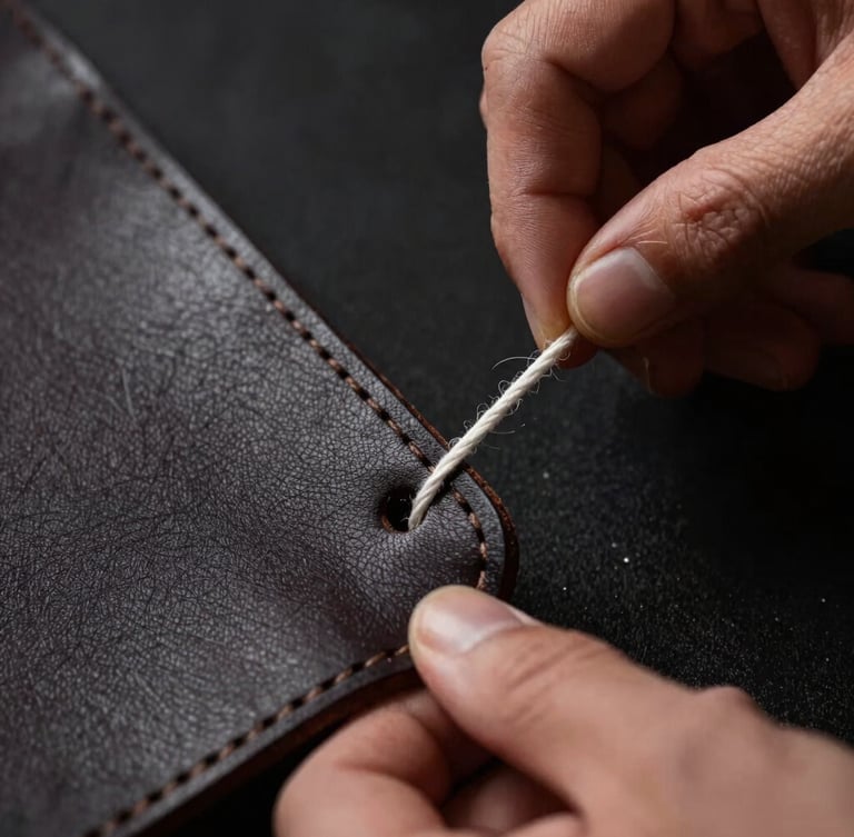 Extreme close-up of a craftsman's hands pulling heavy-gauge waxed thread through pre-punched holes in dark harness leather, low-key lighting, focus on thread tension