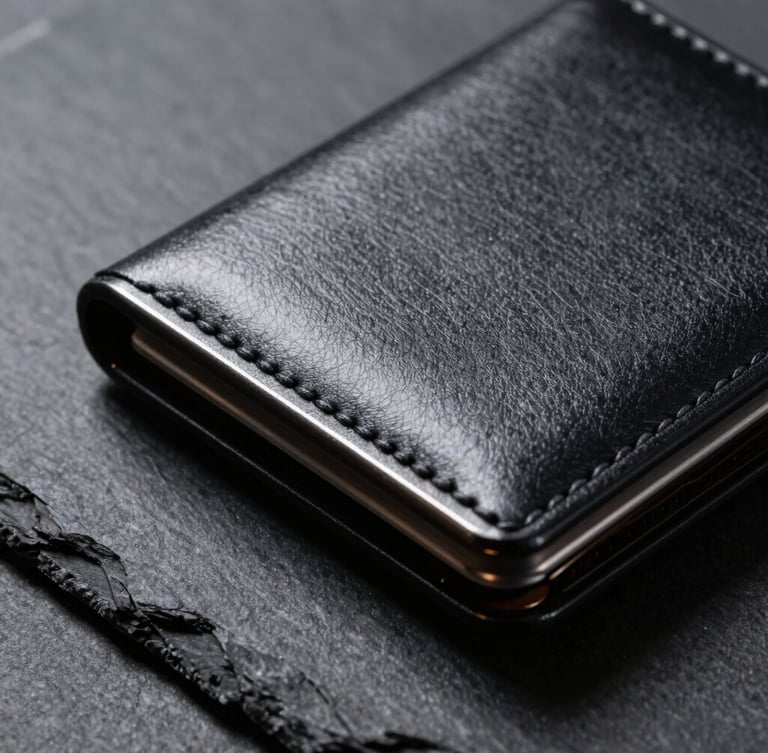 Macro overhead shot of a black anodized aluminum wallet on a raw slate surface, dramatic side-lighting highlighting the chamfered edges and tight leather stitching.