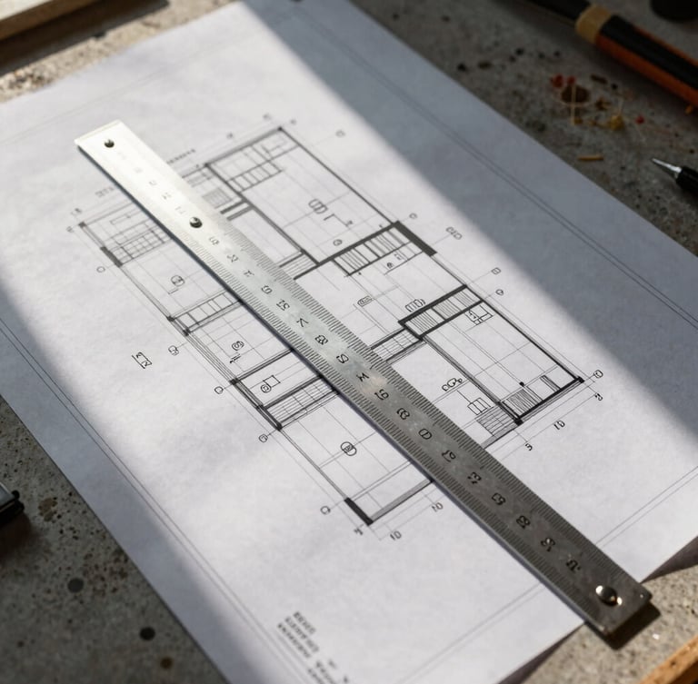 Overhead top-down shot of a construction site desk, detailed blueprint plans spread out, professional aluminum scale ruler, sharp high-contrast morning light.