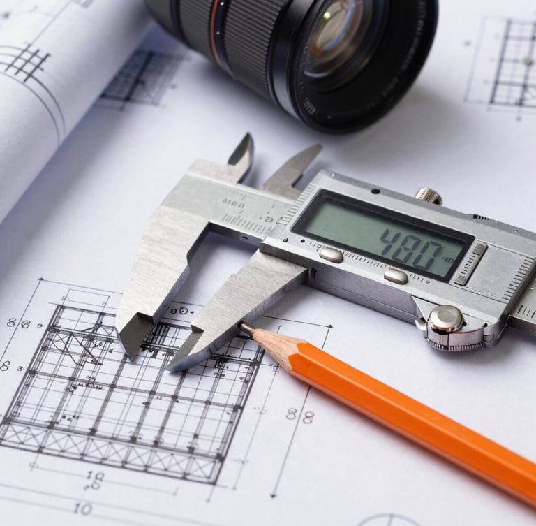 Macro shot of a detailed construction blueprint with a digital caliper and a safety orange mechanical pencil, hard technical lighting, crisp lines.