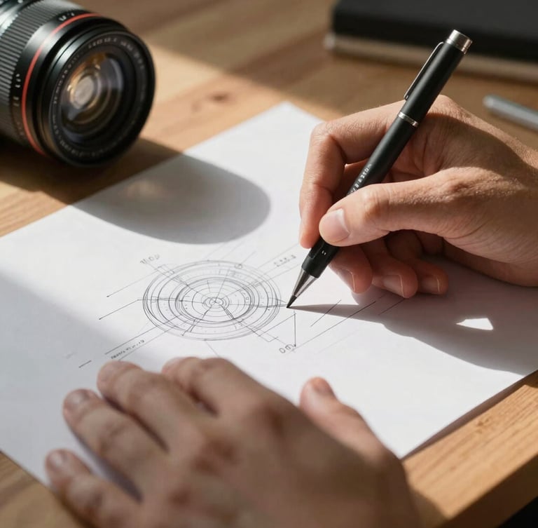 Close-up of hands marking up a technical drawing with a mechanical pencil on a wooden desk, hard daylight casting sharp shadows.